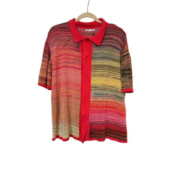 Zara Men's Short Sleeve Button Front Knit Sweater Multicolor Size L NWOT - Picture 2 of 13